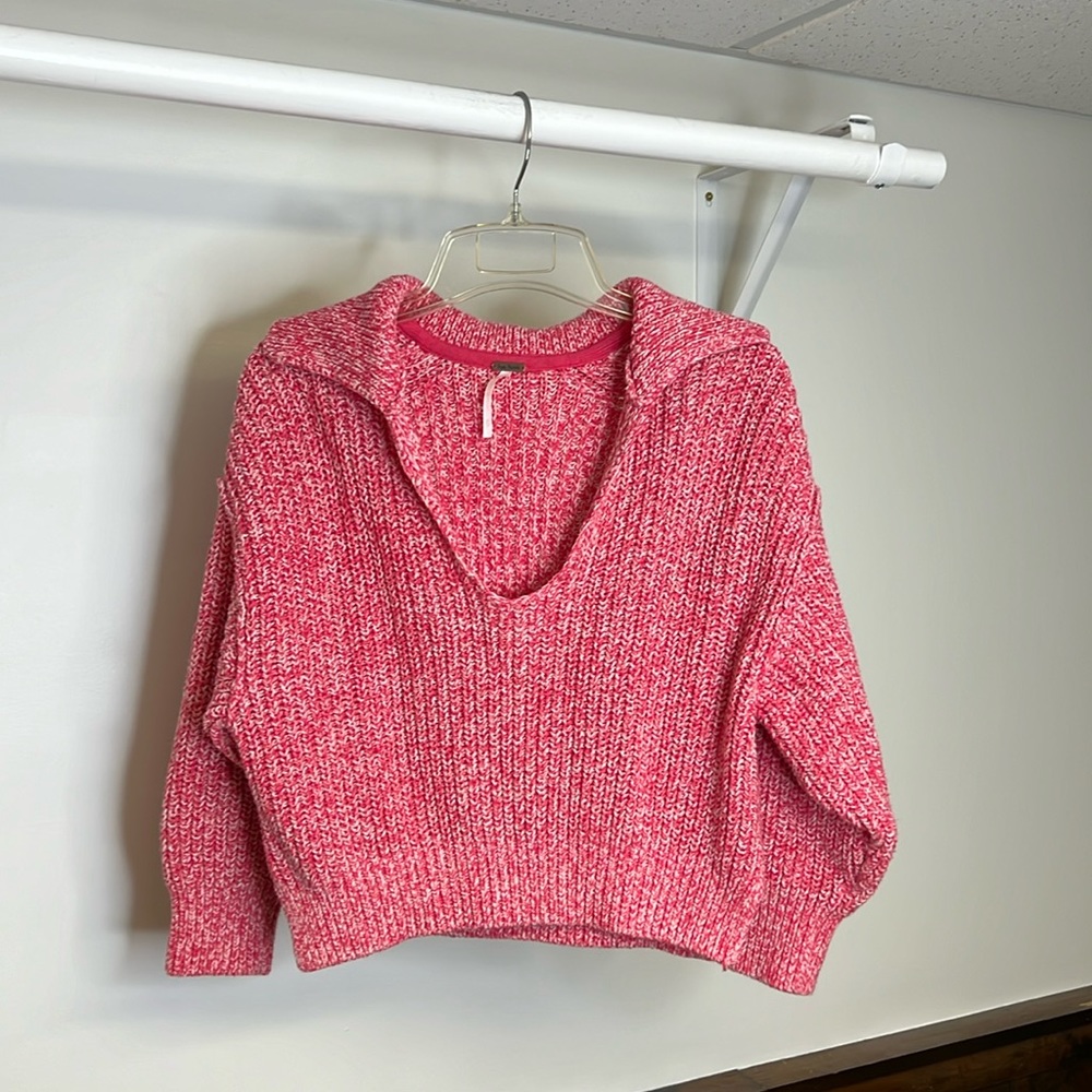 Free People Cropped Pink & White Knit Cotton Blend‎ Sweater- XS